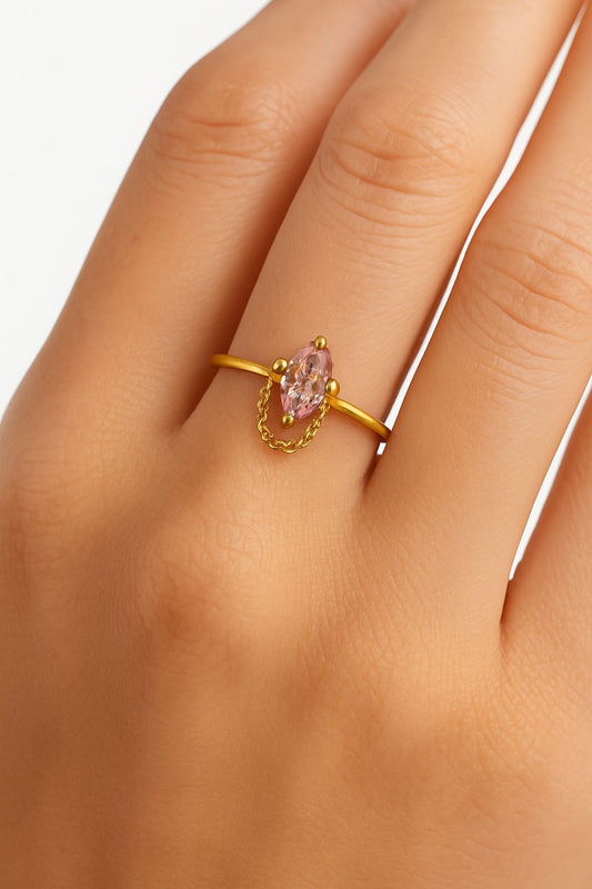 18k gold plated open ring with blush pink crystal and chain accent by Juwelenn – elegant gold and pink statement ring for women