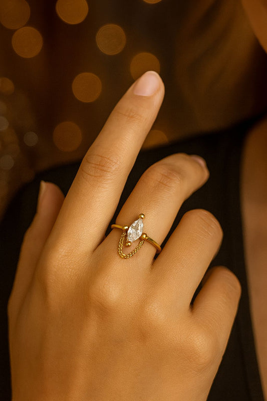 18k gold plated open ring with marquise crystal and chain accent by Juwelenn – modern gold statement ring for women