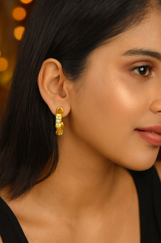 18k gold plated bamboo-inspired hoop earrings with crystal detailing by Juwelenn – bold statement gold earrings for women