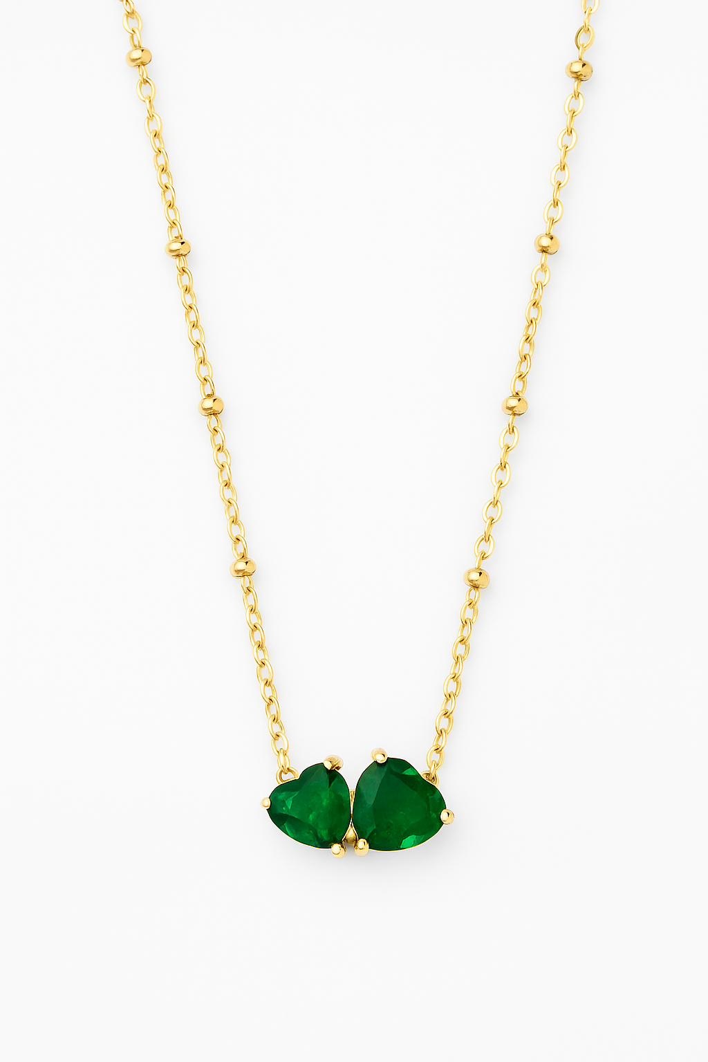 18k gold plated twin emerald heart necklace with beaded gold chain by Juwelenn – romantic green gemstone necklace for women