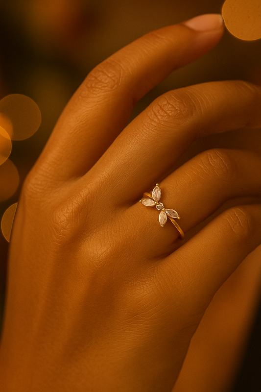 18k gold plated floral design ring with marquise-cut crystals by Juwelenn – elegant flower-inspired gold ring for women