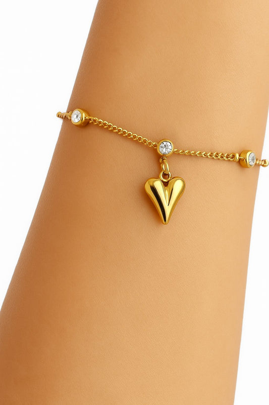 18k gold plated heart charm bracelet with crystal accents on stainless steel chain by Juwelenn – elegant dainty bracelet for women.
