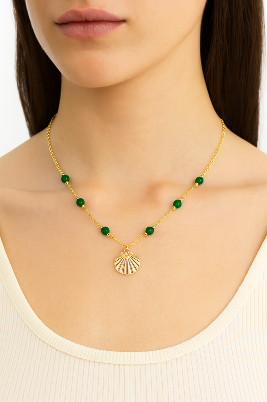 18k gold plated shell charm necklace with green gemstone beads by Juwelenn – coastal inspired gold necklace for women