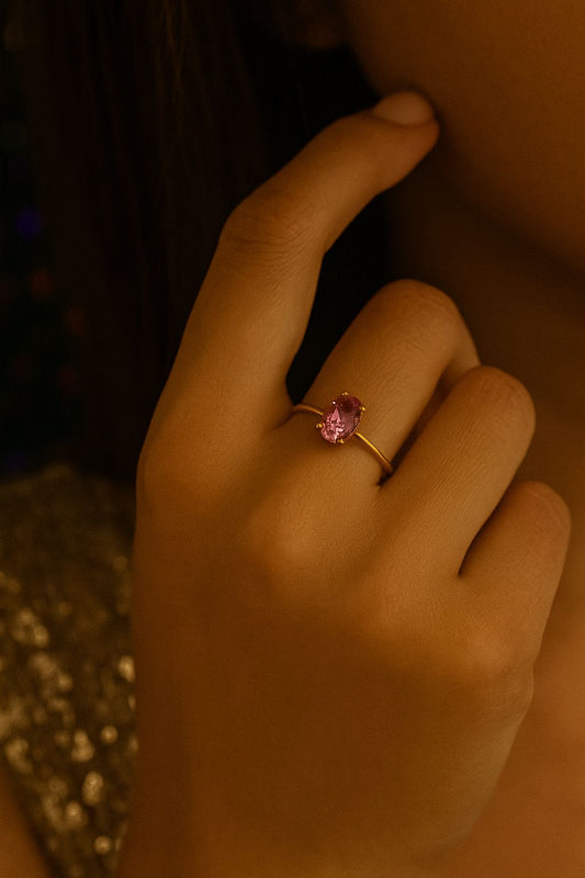 18k gold plated open ring with oval pink crystal by Juwelenn – elegant adjustable gold ring for women