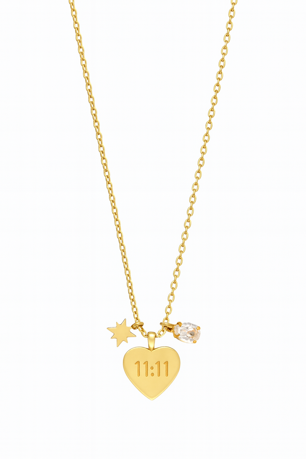 18k gold plated necklace with engraved 11:11 heart charm, star, and pearl accent by Juwelenn – symbolic gold necklace for women
