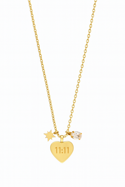 18k gold plated necklace with engraved 11:11 heart charm, star, and pearl accent by Juwelenn – symbolic gold necklace for women
