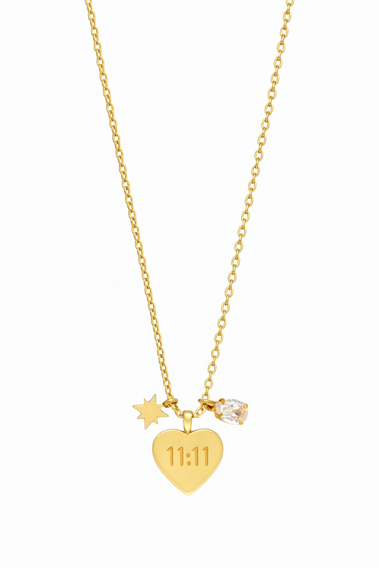 18k gold plated necklace with engraved 11:11 heart charm, star, and pearl accent by Juwelenn – symbolic gold necklace for women
