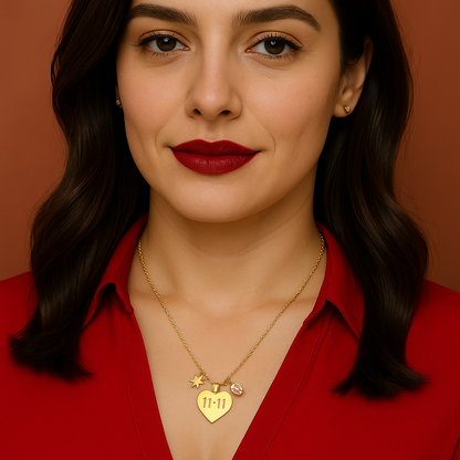 18k gold plated necklace with engraved 11:11 heart charm, star, and pearl accent by Juwelenn – symbolic gold necklace for women
