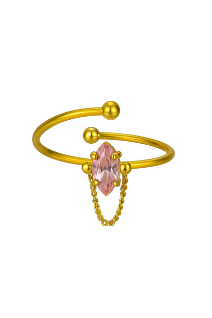 18k gold plated open ring with blush pink crystal and chain accent by Juwelenn – elegant gold and pink statement ring for women
