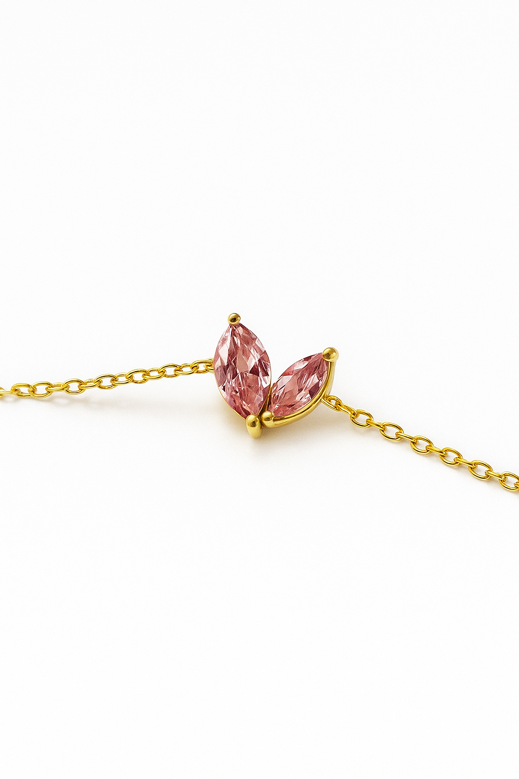 18k gold plated bracelet with pink marquise crystals on stainless steel chain by Juwelenn – delicate feminine gold bracelet for women