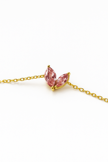 18k gold plated bracelet with pink marquise crystals on stainless steel chain by Juwelenn – delicate feminine gold bracelet for women