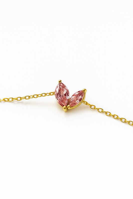 18k gold plated bracelet with pink marquise crystals on stainless steel chain by Juwelenn – delicate feminine gold bracelet for women