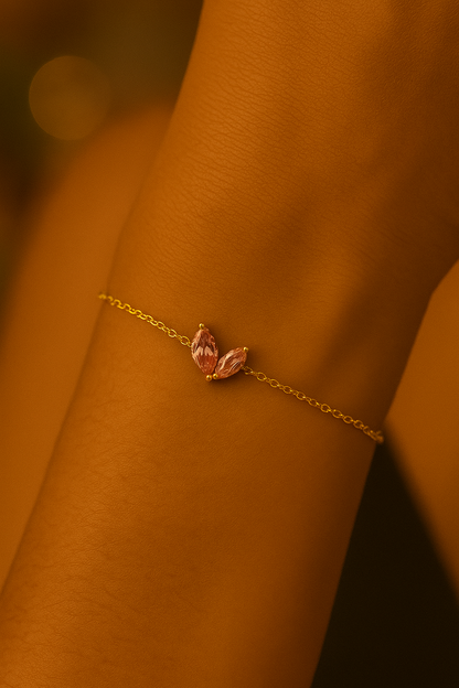 18k gold plated bracelet with pink marquise crystals on stainless steel chain by Juwelenn – delicate feminine gold bracelet for women