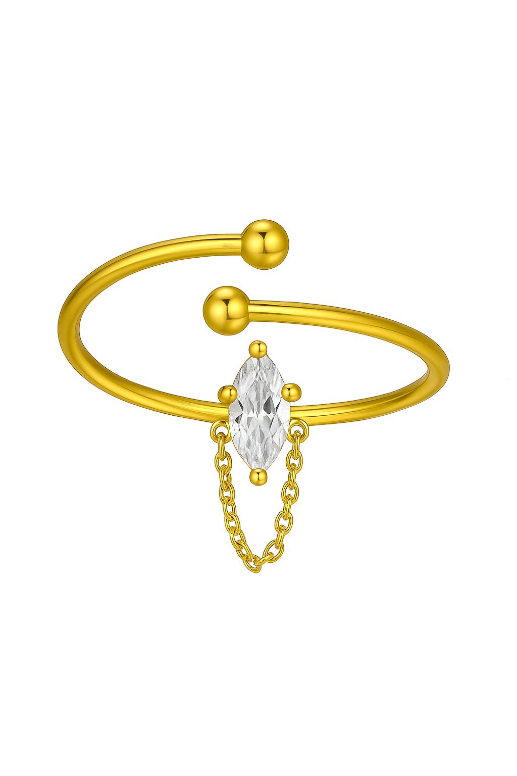 18k gold plated open ring with marquise crystal and chain accent by Juwelenn – modern gold statement ring for women
