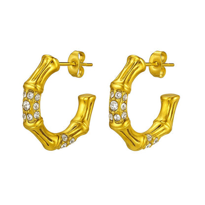18k gold plated bamboo-inspired hoop earrings with crystal detailing by Juwelenn – bold statement gold earrings for women
