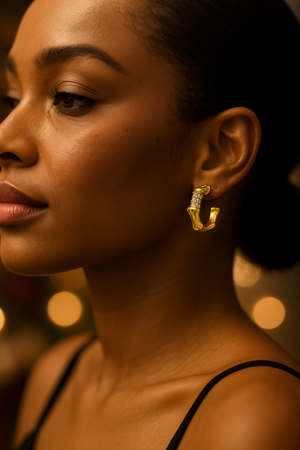 18k gold plated bamboo-inspired hoop earrings with crystal detailing by Juwelenn – bold statement gold earrings for women