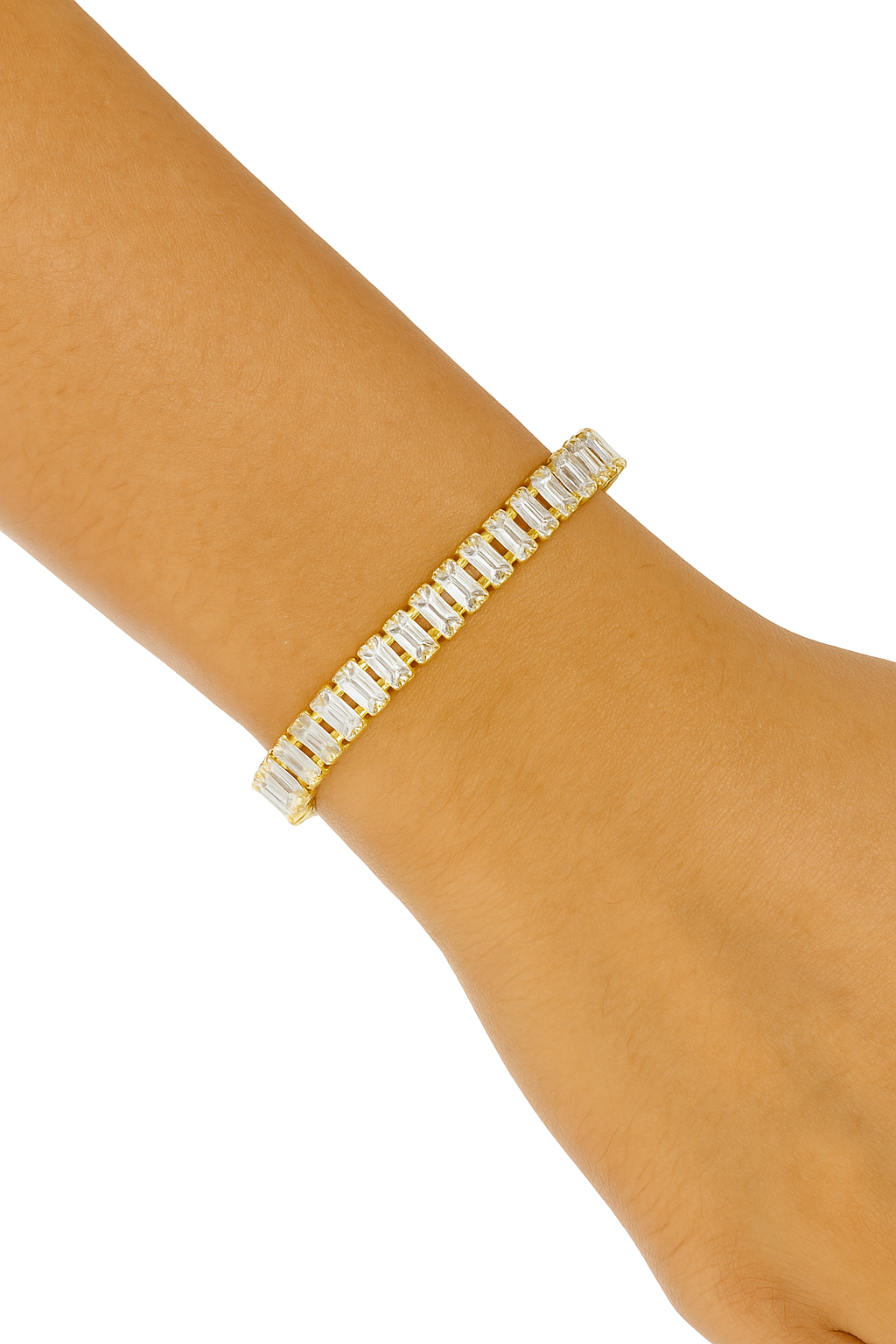 18k gold plated baguette crystal tennis bracelet on stainless steel by Juwelenn – elegant statement bracelet for women
