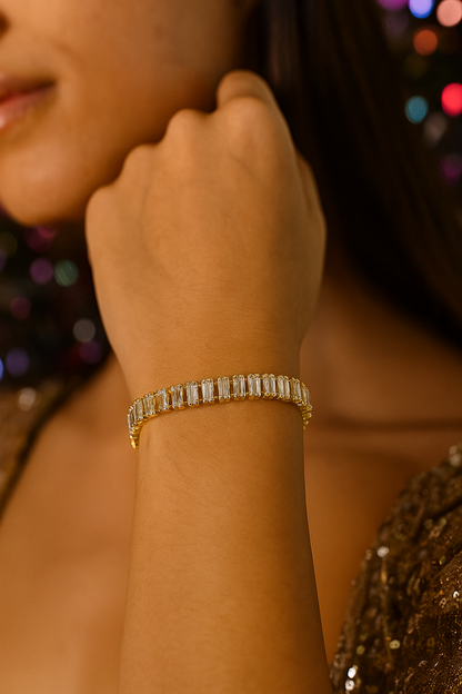 18k gold plated baguette crystal tennis bracelet on stainless steel by Juwelenn – elegant statement bracelet for women