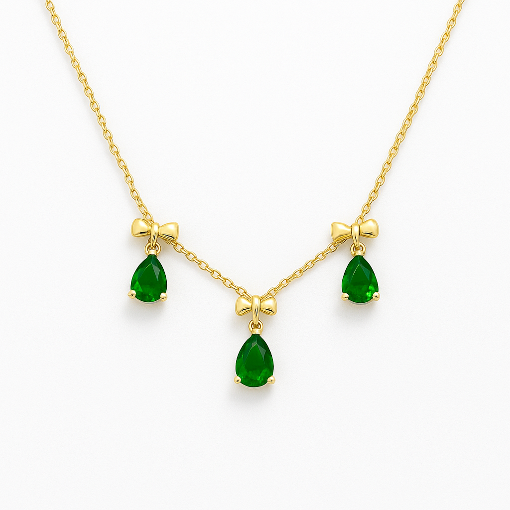 18k gold plated emerald bow necklace with green teardrop crystals by Juwelenn – elegant gold necklace for women
