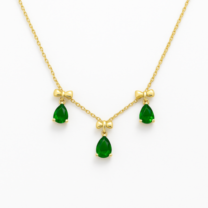 18k gold plated emerald bow necklace with green teardrop crystals by Juwelenn – elegant gold necklace for women
