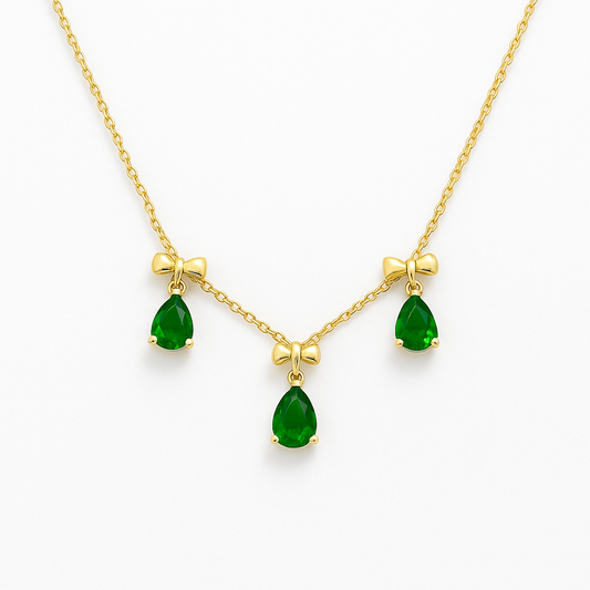 18k gold plated emerald bow necklace with green teardrop crystals by Juwelenn – elegant gold necklace for women
