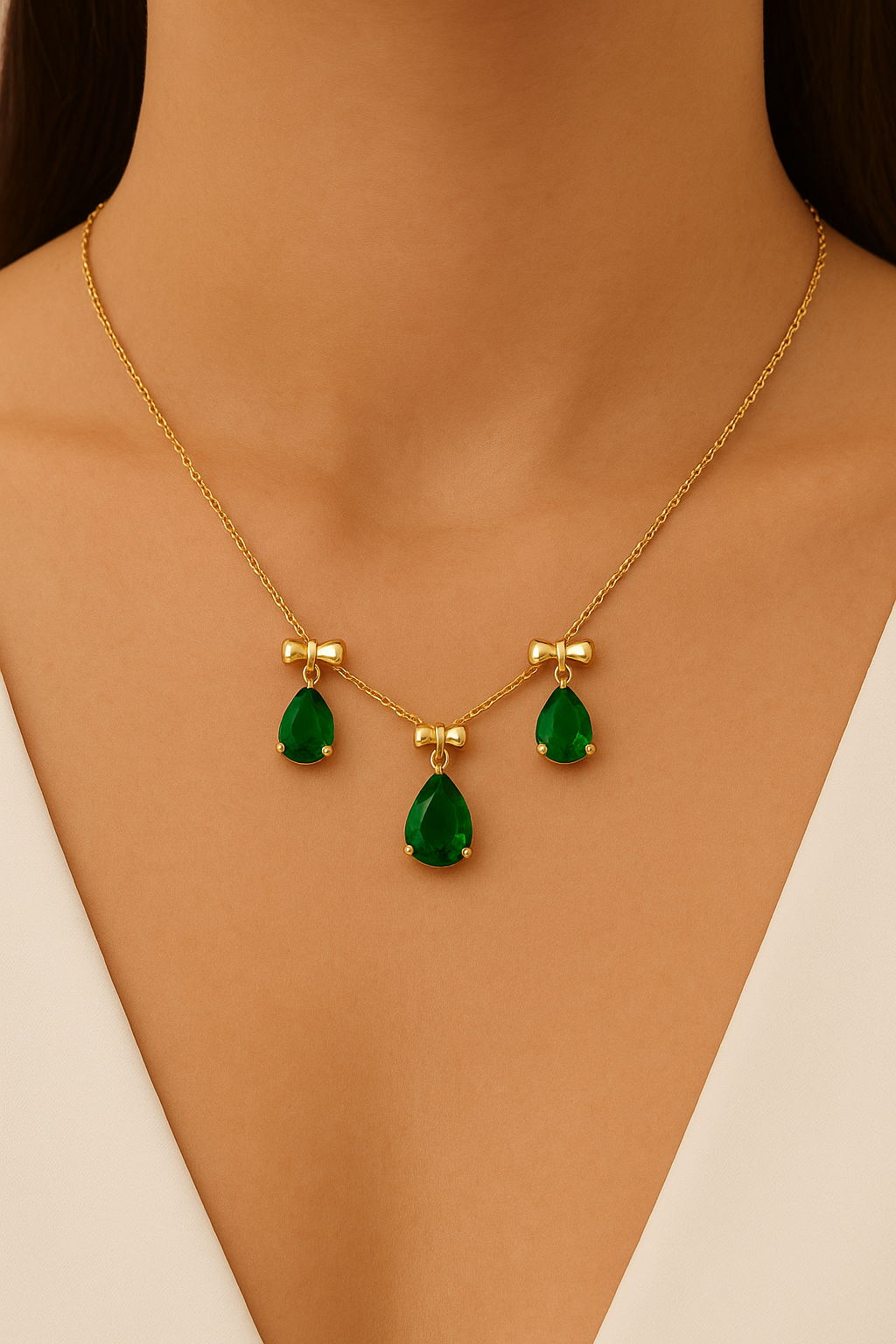 18k gold plated emerald bow necklace with green teardrop crystals by Juwelenn – elegant gold necklace for women
