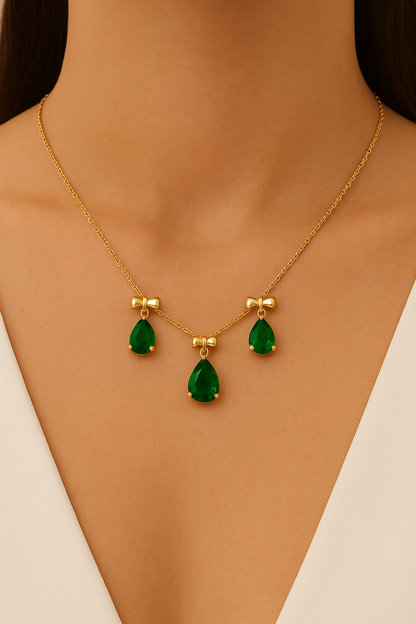 18k gold plated emerald bow necklace with green teardrop crystals by Juwelenn – elegant gold necklace for women
