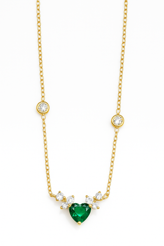 18k gold plated emerald heart necklace by Juwelenn – gold necklace with green crystal heart and white stones
