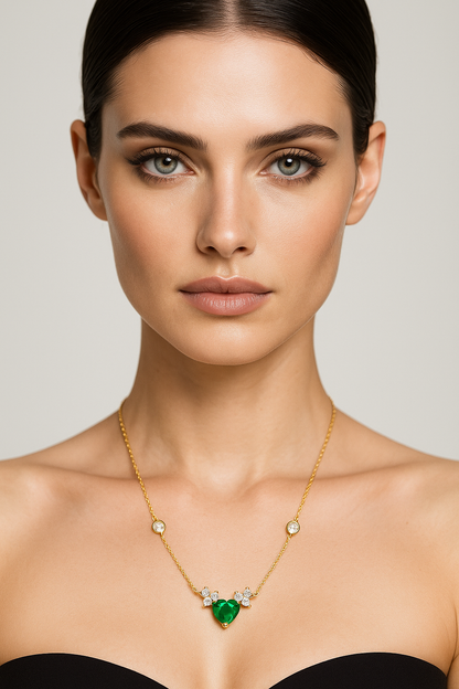 18k gold plated emerald heart necklace by Juwelenn – gold necklace with green crystal heart and white stones
