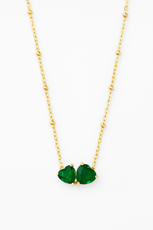18k gold plated twin emerald heart necklace with beaded gold chain by Juwelenn – romantic green gemstone necklace for women