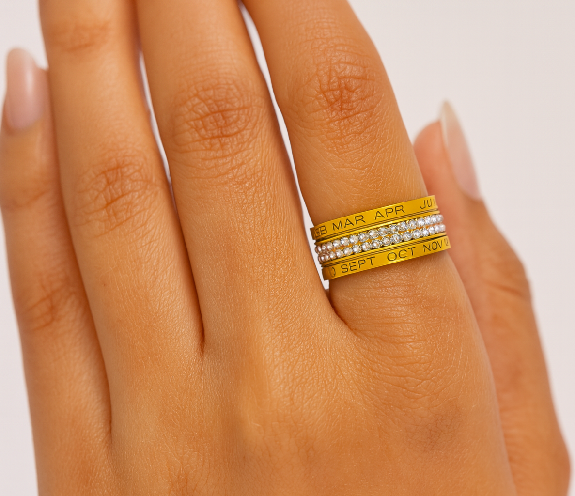 18k gold plated ring with engraved months and crystal detailing by Juwelenn – elegant personalized gold ring for women
