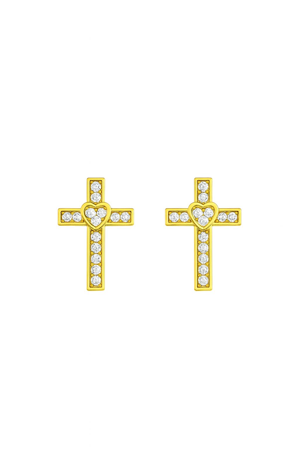 18k gold plated cross stud earrings with clear crystals and heart design by Juwelenn – elegant gold earrings for women