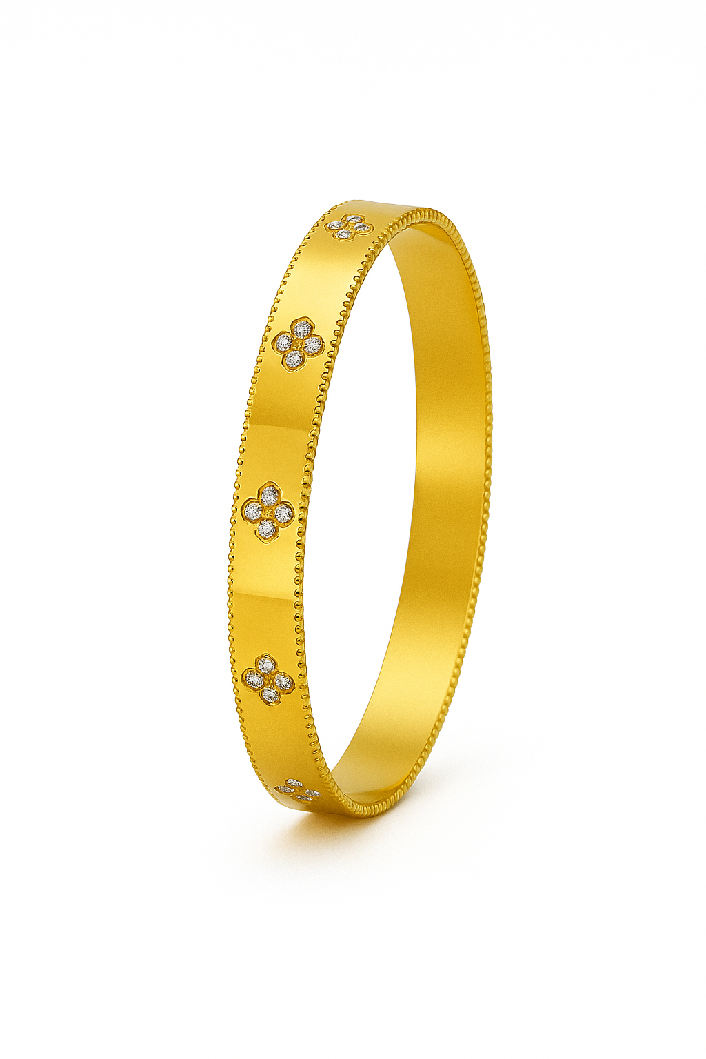 18k gold plated floral bangle bracelet with beaded edges and crystal motifs by Juwelenn – elegant gold bracelet for women
