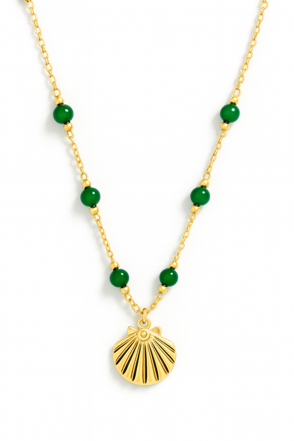18k gold plated shell charm necklace with green gemstone beads by Juwelenn – coastal inspired gold necklace for women
