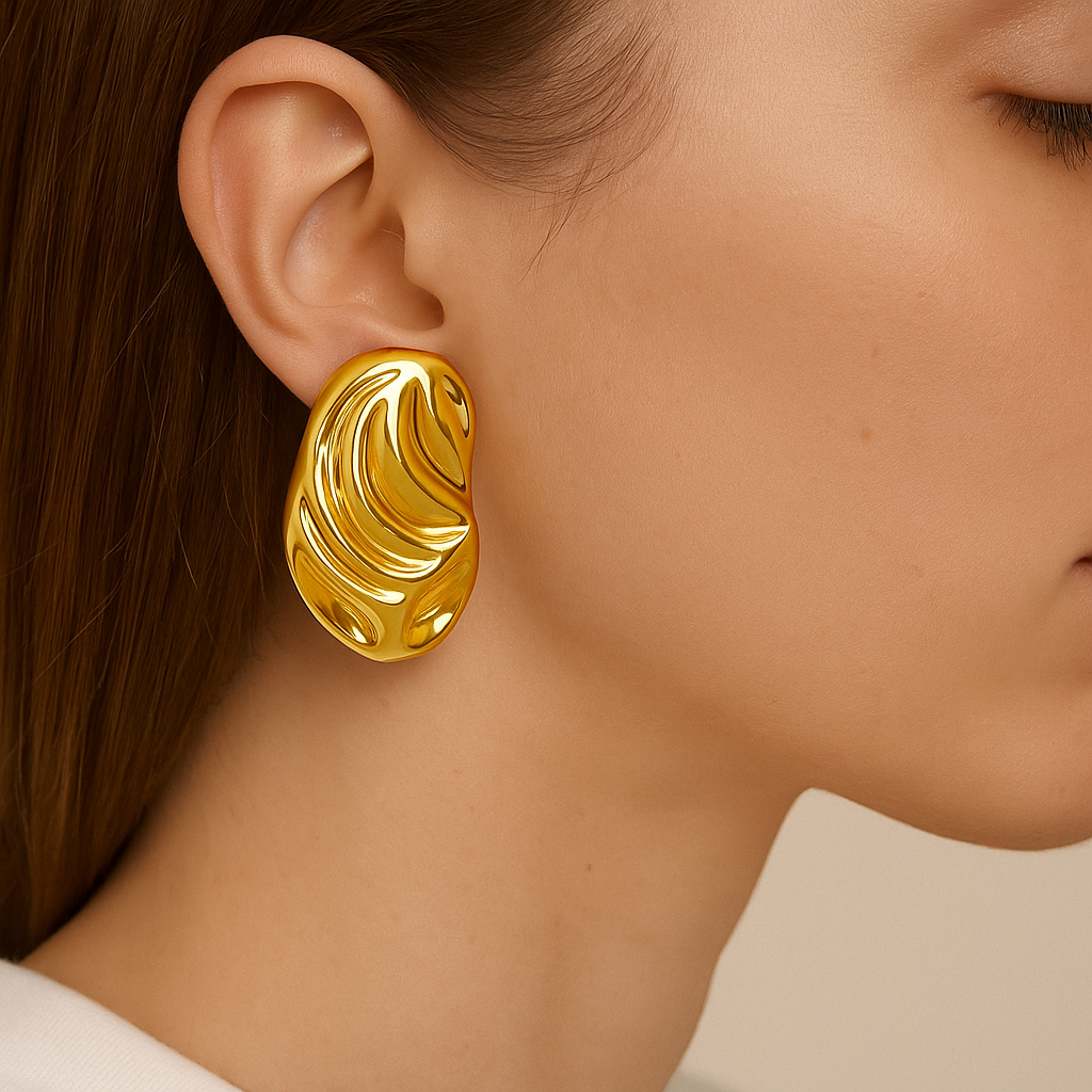 18k gold plated molten sculptural statement earrings by Juwelenn – bold contemporary gold earrings for women