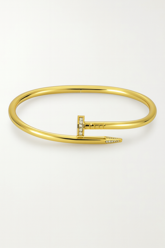 18k gold plated nail twist cuff bracelet with crystal accents on stainless steel by Juwelenn – modern sculptural gold bracelet for women