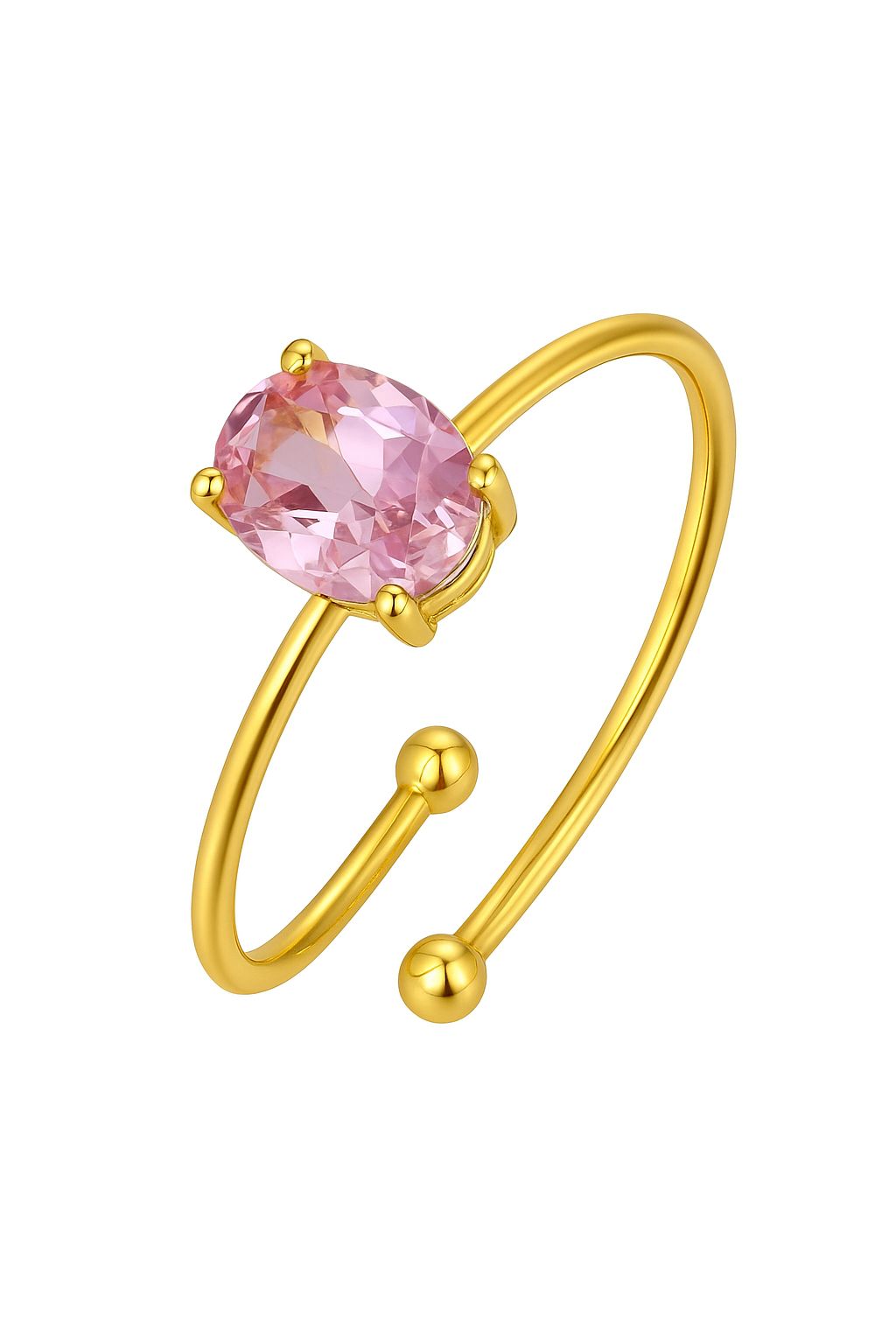 18k gold plated open ring with oval pink crystal by Juwelenn – elegant adjustable gold ring for women
