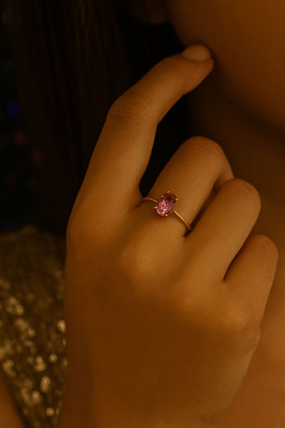 18k gold plated open ring with oval pink crystal by Juwelenn – elegant adjustable gold ring for women
