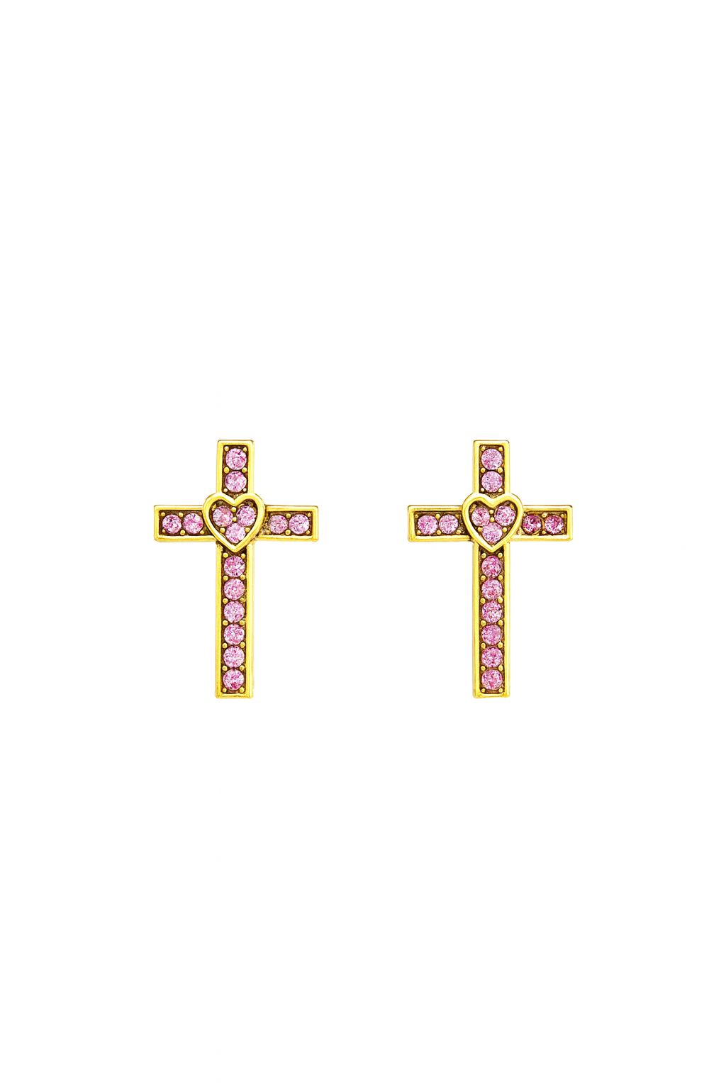 18k gold plated cross stud earrings with pink crystals and heart design by Juwelenn – elegant feminine earrings for women