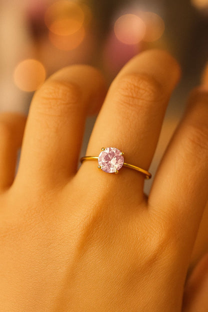 18k gold plated open ring with blush pink crystal by Juwelenn – minimal gold and pink ring for women
